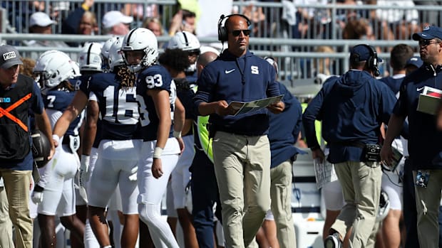 Sep 7, 2024; University Park, Pennsylvania, USA; Penn State Nittany Lions head coach James Franklin looks on from the sidelin