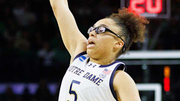Notre Dame guard Olivia Miles grabs a pass during the first round of the NCAA Women's Basketball Tournament between Notre Dame and Stephen F. Austin at Purcell Pavilion on Friday, March 21, 2025, in South Bend.