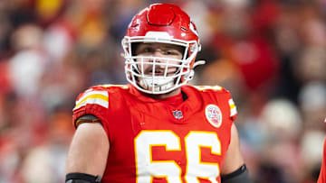 Kansas City Chiefs guard Mike Caliendo (66) against the Buffalo Bills in the AFC Championship game at GEHA Field at Arrowhead Stadium.