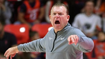 Nov 22, 2025; Champaign, Illinois, USA;  Illinois Fighting Illini head coach Brad Underwood reacts during the second half against the Long Island University Sharks at State Farm Center. Mandatory Credit: Ron Johnson-Imagn Images