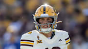 Oct 18, 2025; Tempe, Arizona, USA; Arizona State Sun Devils quarterback Sam Leavitt (10) against the Texas Tech Red Raiders at Mountain America Stadium. Mandatory Credit: Mark J. Rebilas-Imagn Images