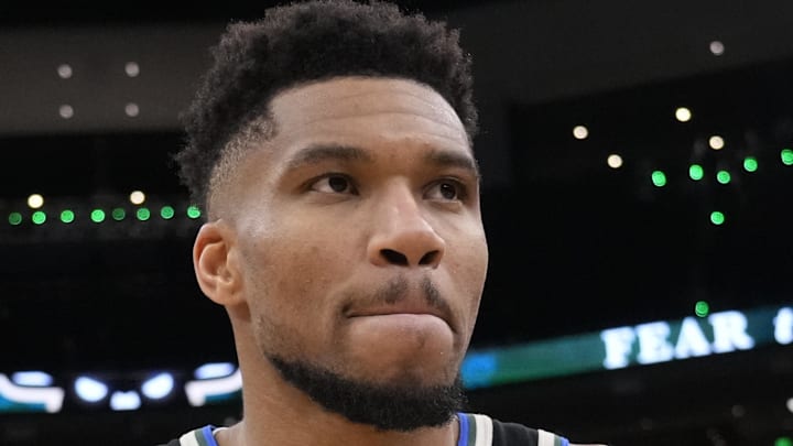 Jan 23, 2026; Milwaukee, Wisconsin, USA;  Milwaukee Bucks forward Giannis Antetokounmpo (34) walks from the court following the game against the Denver Nuggets at Fiserv Forum. Mandatory Credit: Jeff Hanisch-Imagn Images