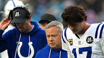 Daniel Jones of the Indianapolis Colts walks off after being injured