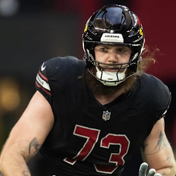Dec 8, 2024; Glendale, Arizona, USA; Arizona Cardinals offensive tackle Jonah Williams (73) against the Seattle Seahawks at State Farm Stadium. Mandatory Credit: Mark J. Rebilas-Imagn Images