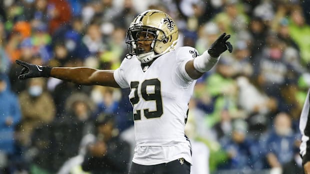 Cornerback Paulson Adebo during his days with the Saints, who host the Giants this weekend.