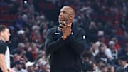 Jan 30, 2025; Portland, Oregon, USA;  Portland Trail Blazers head coach Chauncey Billups during a break in the action in the first half against the Orlando Magic at Moda Center. Mandatory Credit: Jaime Valdez-Imagn Images