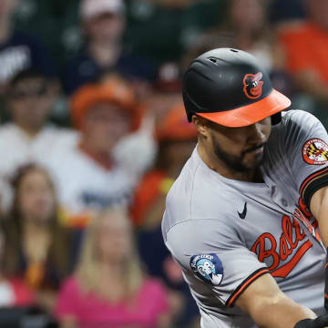 Baltimore Orioles right fielder Anthony Santander (25) hits a single against the Houston Astros in the first inning at Minute Maid Park on June 23.