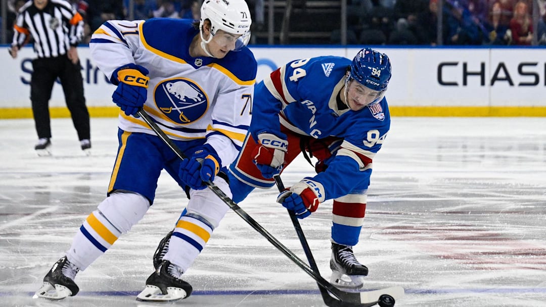 Apr 8, 2026; New York, New York, USA; Buffalo Sabres center Ryan McLeod (71) and New York Rangers right wing Gabe Perreault (94) battle for the puck during the third period at Madison Square Garden. Mandatory Credit: Dennis Schneidler-Imagn Images Apr 8, 2026; New York, New York, USA; Buffalo Sabres center Ryan McLeod (71) and New York Rangers right wing Gabe Perreault (94) battle for the puck during the third period at Madison Square Garden. Mandatory Credit: Dennis Schneidler-Imagn Images