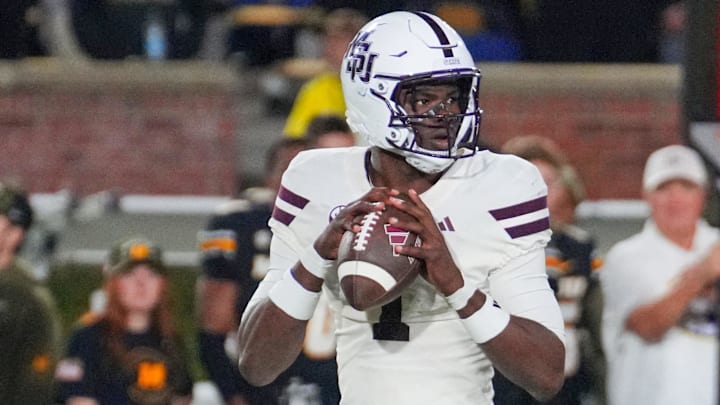 Nov 15, 2025; Columbia, Missouri, USA; Mississippi State Bulldogs quarterback Kamario Taylor (1) drops back to pass against the Missouri Tigers during the second half of the game at Faurot Field at Memorial Stadium. Mandatory Credit: Denny Medley-Imagn Images