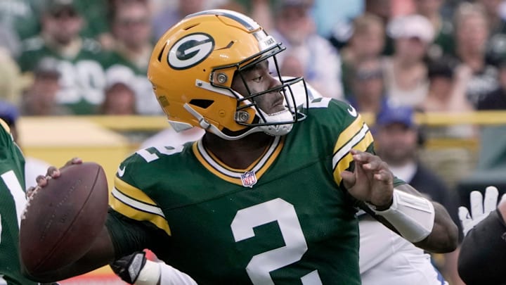 Green Bay Packers quarterback Malik Willis (2) throws a 39-yard pass to wide receiver Romeo Doubs during the fourth quarter of their game against the Indianapolis Colts Sunday, September 15, 2024 at Lambeau Field in Green Bay, Wisconsin.