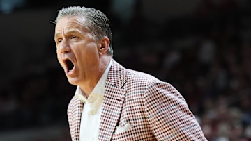 Arkansas Razorbacks coach John Calipari reacts during the first half against the Fresno State Bulldogs at Simmons Bank Arena. in North Little Rock, Ark.