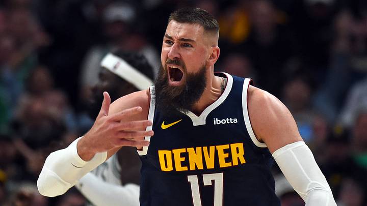 Feb 25, 2026; Denver, Colorado, USA; Denver Nuggets center Jonas Valanciunas (17) reacts after he thought he was fouled during the second half against the Boston Celtics at Ball Arena. Mandatory Credit: Christopher Hanewinckel-Imagn Images