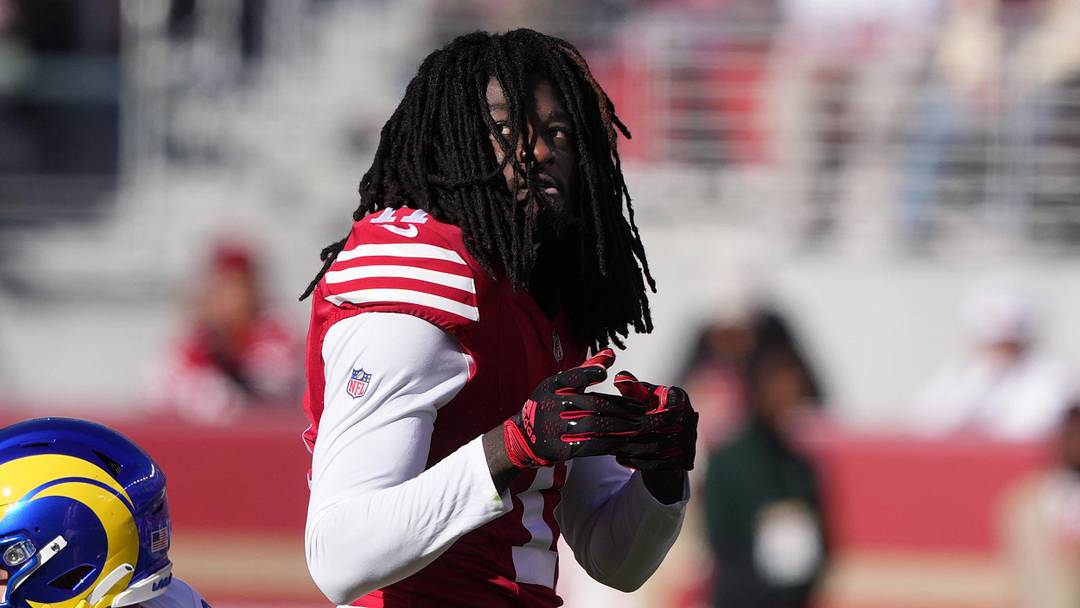 Jan 7, 2024; Santa Clara, California, USA; San Francisco 49ers wide receiver Brandon Aiyuk (11) gestures after catching a pass for a first down against the Los Angeles Rams during the first quarter at Levi's Stadium. Mandatory Credit: Darren Yamashita-Imagn Images