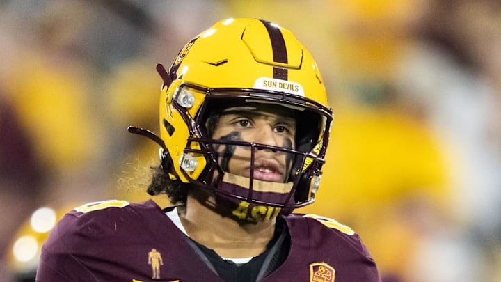 Nov 28, 2025; Tempe, Arizona, USA; Arizona State Sun Devils wide receiver Jordyn Tyson (0) against the Arizona Wildcats in the first half during the 99th Territorial Cup at Mountain America Stadium. Mandatory Credit: Mark J. Rebilas-Imagn Images