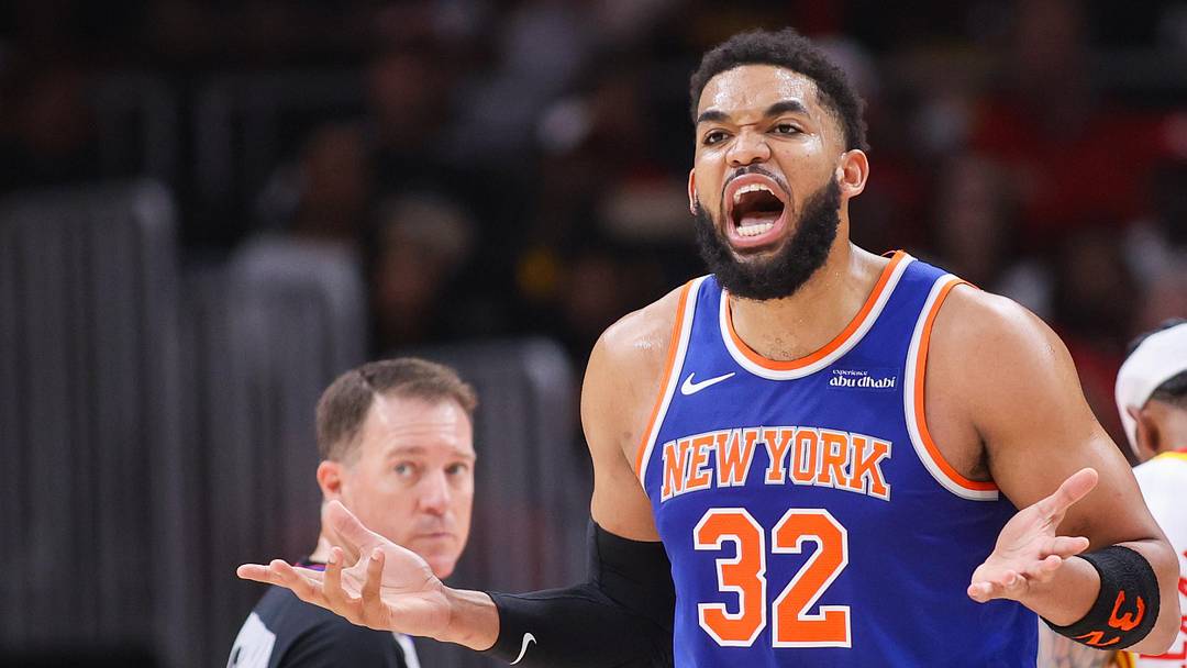 Apr 30, 2026; Atlanta, Georgia, USA; New York Knicks center Karl-Anthony Towns (32) reacts after receiving a technical foul against the Atlanta Hawks in the second quarter during game six of the first round of the 2026 NBA Playoffs at State Farm Arena. Mandatory Credit: Brett Davis-Imagn Images
