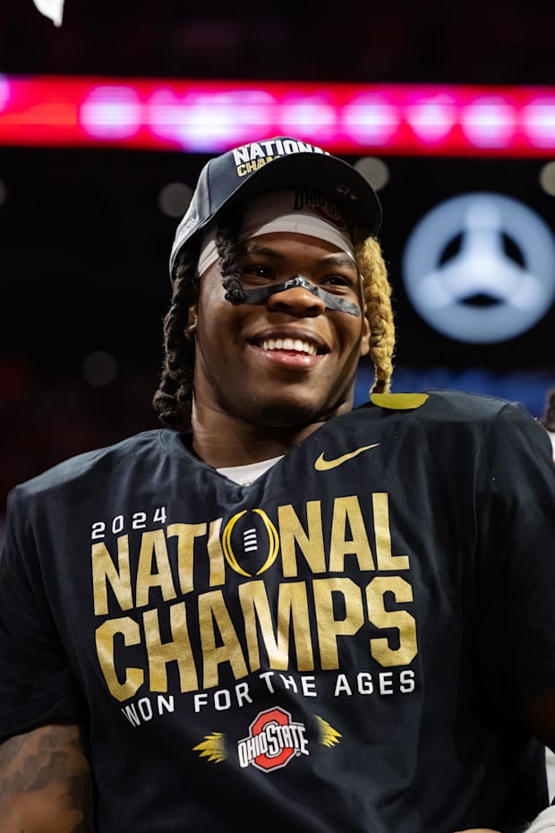 Ohio State Buckeyes running back Quinshon Judkins celebrates after defeating the Notre Dame Fighting Irish.