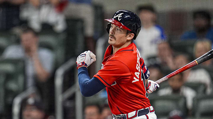 May 15, 2026; Cumberland, Georgia, USA; Atlanta Braves left fielder Mike Yastrzemski (18) hits a walk off double to drive in the winning run against the Boston Red Sox during the tenth inning at Truist Park. Mandatory Credit: Dale Zanine-Imagn Images