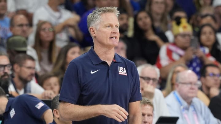 Jul 31, 2024; Villeneuve-d'Ascq, France; United States head coach Steve Kerr in the first quarter against South Sudan during the Paris 2024 Olympic Summer Games at Stade Pierre-Mauroy. Mandatory Credit: John David Mercer-USA TODAY Sports