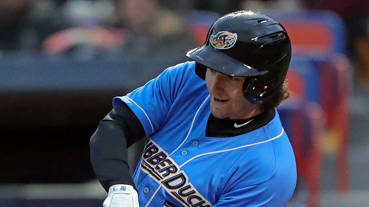 Akron RubberDucks centerfielder Chase DeLauter connects with a pitch April 5, 2024, in Akron, Ohio.