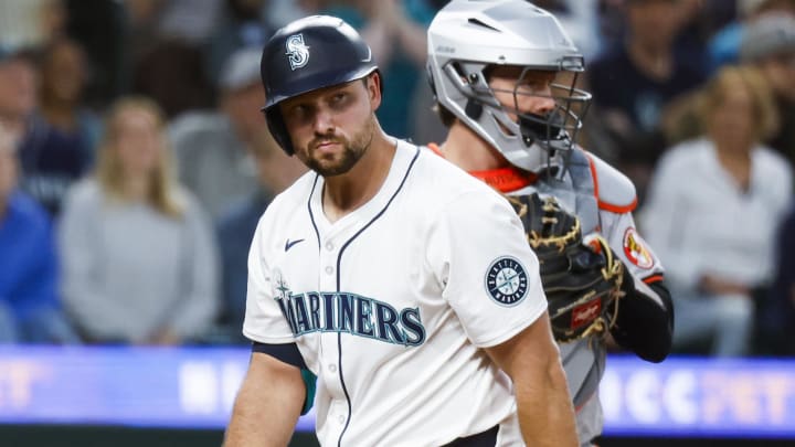 Seattle Mariners catcher Cal Raleigh (29) reacts after striking out against the Baltimore Orioles during the ninth inning at T-Mobile Park on July 2.