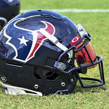 Aug 5, 2022; Houston, Texas, US; A general picture of a Houston Texans helmet after training camp at the Texans practice facility.  Mandatory Credit: Maria Lysaker-Imagn Images