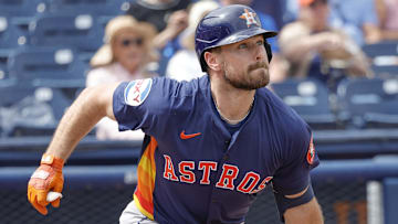 Houston Astros outfielder Cooper Hummel (1) runs after he hits a ball to right field during the first inning against the Washington Nationals at CACTI Park of the Palm Beaches.