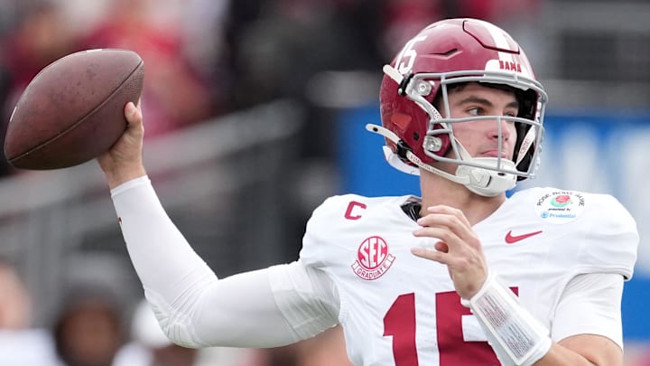 Jan 1, 2026; Pasadena, CA, USA; Alabama Crimson Tide quarterback Ty Simpson (15) passes against the Indiana Hoosiers in the first half of the 2026 Rose Bowl and quarterfinal game of the College Football Playoff at Rose Bowl Stadium. Mandatory Credit: Kirby Lee-Imagn Images