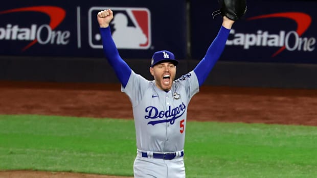 Los Angeles Dodgers first baseman Freddie Freeman celebrates after the final out of the 2024 World Series.