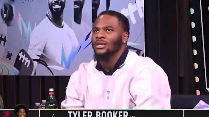 Tyler Booker reacts to the Dallas Cowboys first round pick in the 2025 NFL Draft. 
