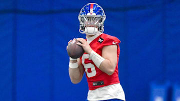 Jun 17, 2025; East Rutherford, NJ, USA; New York Giants quarterback Jaxson Dart (6) throws a pass during minicamp at Quest Diagnostics Training Center. Mandatory Credit: John Jones-Imagn Images
