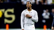 Nov 17, 2024; New Orleans, Louisiana, USA;  Cleveland Browns quarterback Jameis Winston (5) during warmups before the game against the New Orleans Saints at Caesars Superdome. Mandatory Credit: Stephen Lew-Imagn Images
