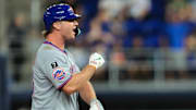 Sep 26, 2025; Miami, Florida, USA; New York Mets first baseman Pete Alonso (20) reacts from second base after hitting RBI double against the Miami Marlins during the first inning at loanDepot Park. Mandatory Credit: Sam Navarro-Imagn Images