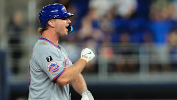 Sep 26, 2025; Miami, Florida, USA; New York Mets first baseman Pete Alonso (20) reacts from second base after hitting RBI double against the Miami Marlins during the first inning at loanDepot Park. Mandatory Credit: Sam Navarro-Imagn Images