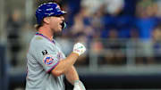 Sep 26, 2025; Miami, Florida, USA; New York Mets first baseman Pete Alonso (20) reacts from second base after hitting RBI double against the Miami Marlins during the first inning at loanDepot Park. Mandatory Credit: Sam Navarro-Imagn Images