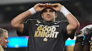 Jan 1, 2014; Glendale, AZ, USA; UCF Knights quarterback Blake Bortles (5) celebrates after beating Baylor Bears 49-35 in the Fiesta Bowl at University of Phoenix Stadium. Mandatory Credit: Matt Kartozian-Imagn Images