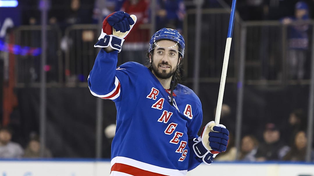 Apr 4, 2026; New York, New York, USA; New York Rangers center Mika Zibanejad (93) celebrates after a 4-1 win against the Detroit Red Wings at Madison Square Garden. Mandatory Credit: Danny Wild-Imagn Images