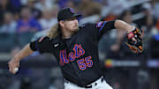 New York Mets relief pitcher Ryne Stanek (55) pitches against the Texas Rangers during the fifth inning at Citi Field.