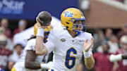 Oct 11, 2025; Tallahassee, Florida, USA; Pittsburgh Panthers quarterback Mason Heintschel (6) throws the ball in the first quarter against the Florida State Seminoles at Doak S. Campbell Stadium. Mandatory Credit: Melina Myers-Imagn Images