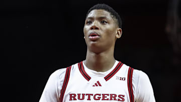 Oct 17, 2024; Piscataway, NJ, USA;  Rutgers Scarlet Knights guard Airious Bailey (4) prepares to take a free throw in the second half against the St. John's Red Storm at Jersey Mike's Arena. Mandatory Credit: Wendell Cruz-Imagn Images