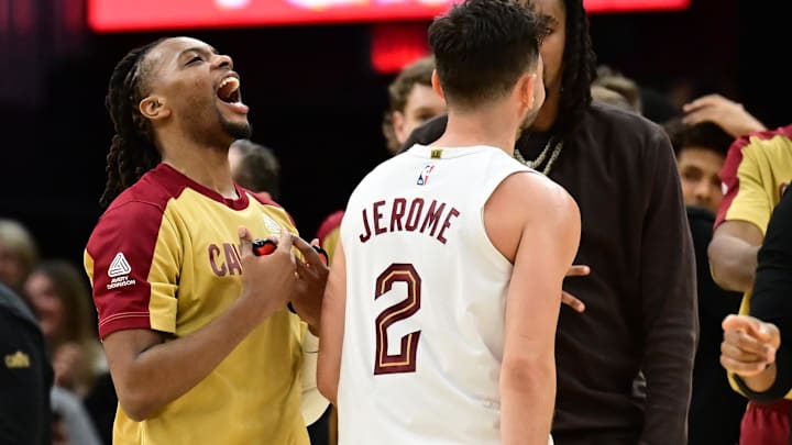 Nov 24, 2024; Cleveland, Ohio, USA; Cleveland Cavaliers guard Darius Garland (10) celebrates after a three point basket by guard Ty Jerome (2) during the second half against the Toronto Raptors at Rocket Mortgage FieldHouse. Mandatory Credit: Ken Blaze-Imagn Images