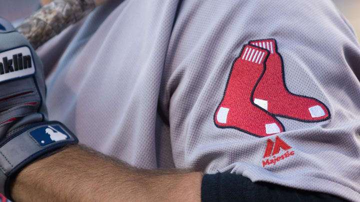 Jun 15, 2017; Philadelphia, PA, USA; Boston Red Sox graphics on a uniform during a game against the Philadelphia Phillies at Citizens Bank Park. Mandatory Credit: Bill Streicher-USA TODAY Sports