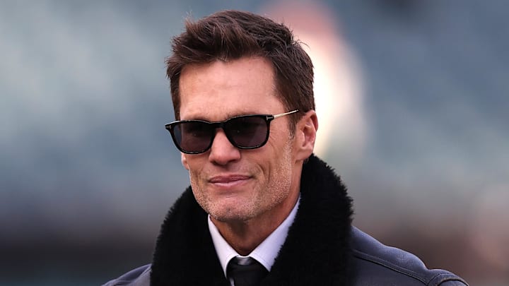 Jan 12, 2025; Philadelphia, Pennsylvania, USA; Announcer Tom Brady looks on before an NFC wild card game between the Philadelphia Eagles and the Green Bay Packers at Lincoln Financial Field. Mandatory Credit: Bill Streicher-Imagn Images