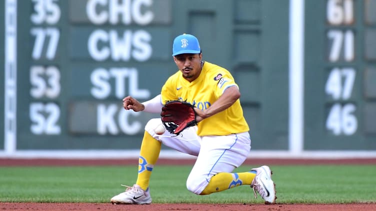 Aug 10, 2024; Boston, Massachusetts, USA; Boston Red Sox shortstop David Hamilton (70) fields a ground ball during the first inning against the Houston Astros at Fenway Park. Mandatory Credit: Bob DeChiara-USA TODAY Sports