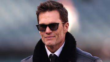 Jan 12, 2025; Philadelphia, Pennsylvania, USA; Announcer Tom Brady looks on before an NFC wild card game between the Philadelphia Eagles and the Green Bay Packers at Lincoln Financial Field. Mandatory Credit: Bill Streicher-Imagn Images