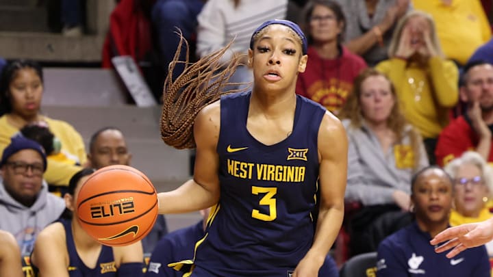 Jan 11, 2026; Ames, Iowa, USA; West Virginia Mountaineers guard Gia Cooke (3) sets the offense against the Iowa State Cyclones during the second half at James H. Hilton Coliseum. Mandatory Credit: Reese Strickland-Imagn Images
