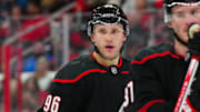 Jan 30, 2025; Raleigh, North Carolina, USA;  Carolina Hurricanes right wing Mikko Rantanen (96) looks on against the Chicago Blackhawks during the third period at Lenovo Center. Mandatory Credit: James Guillory-Imagn Images