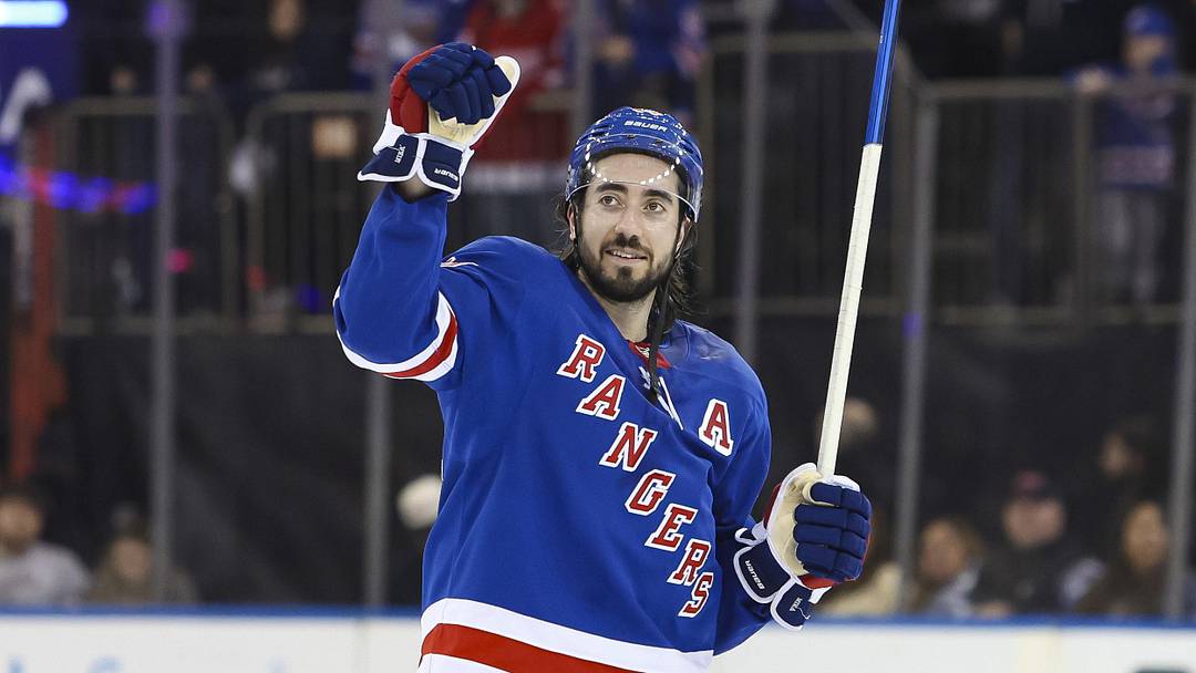 Apr 4, 2026; New York, New York, USA; New York Rangers center Mika Zibanejad (93) celebrates after a 4-1 win against the Detroit Red Wings at Madison Square Garden. Mandatory Credit: Danny Wild-Imagn Images