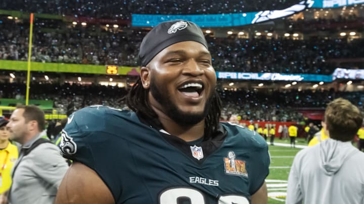 Feb 9, 2025; New Orleans, LA, USA; Philadelphia Eagles  defensive end Jalen Carter (98) celebrates after defeating the Kansas City Chiefs during Super Bowl LIX at Ceasars Superdome. Mandatory Credit: Mark J. Rebilas-Imagn Images