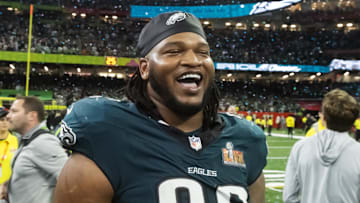 Philadelphia Eagles defensive end Jalen Carter celebrates after defeating the Kansas City Chiefs.