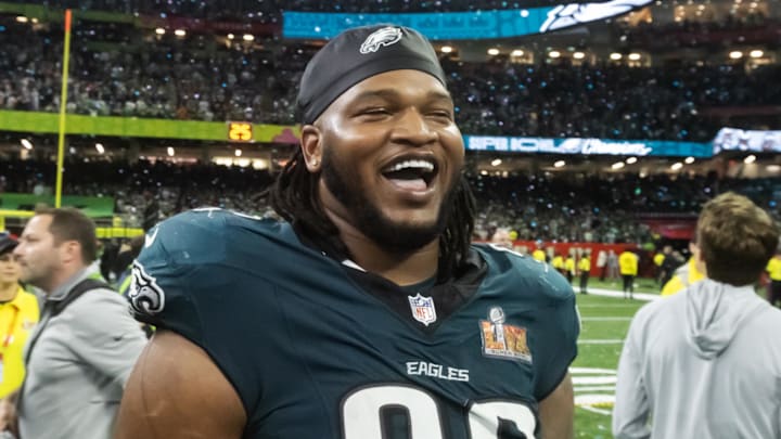 Philadelphia Eagles defensive end Jalen Carter celebrates after defeating the Kansas City Chiefs. Philadelphia Eagles defensive end Jalen Carter celebrates after defeating the Kansas City Chiefs.
